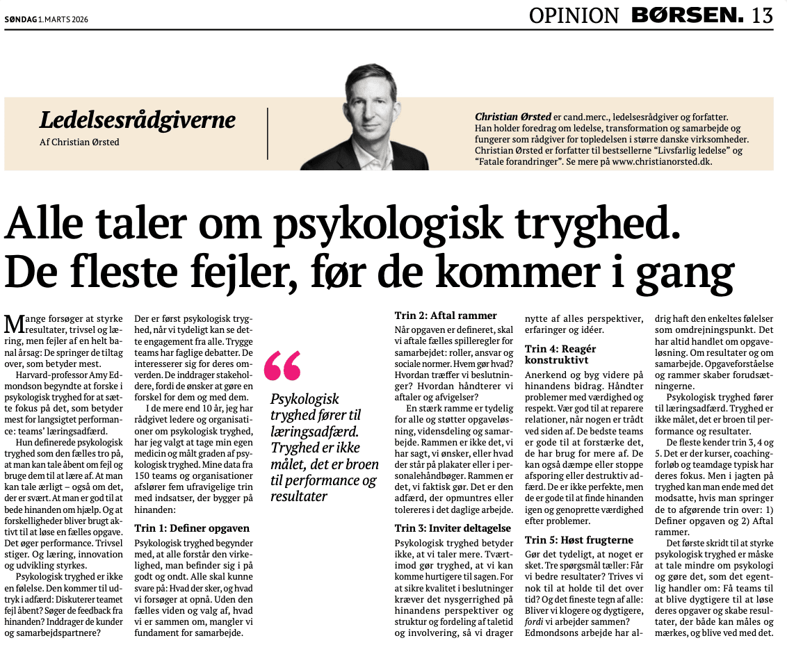 Alle taler om psykologisk tryghed. Klumme af Christian Ørsted i Børsen Klumme i Dagbladet Børsen